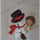 Pano de natal pintado com boneco de neve e anjo