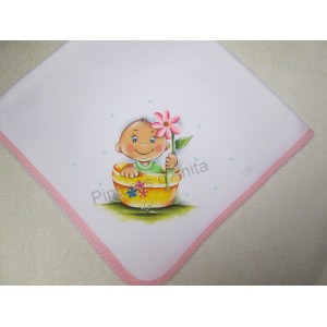 Fralda de malha pintada com menina no vaso