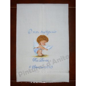 toalha de batismo pintada com anjo - azul 
