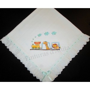 Fralda com bordado pintada com comboio e zoo 